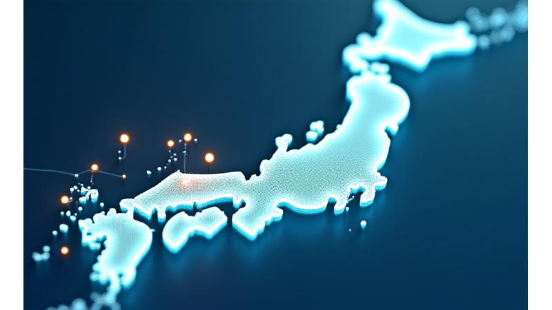 日本の地図上に、異なる地域で成功した漁業デジタル化プロジェクトのアイコンが点在しており、それぞれの地域ごとの特色(魚種、漁法など)を示す小さい吹き出しが添えられている。